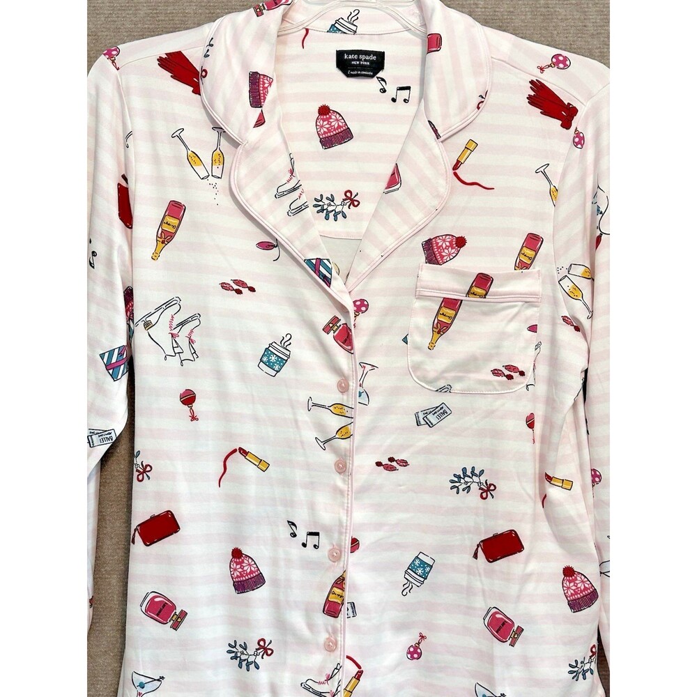 NWT Kate Spade Christmas PJ Pajama Pant 2pc Set Sz Large Long Sleeve Women Pink - Picture 4 of 10